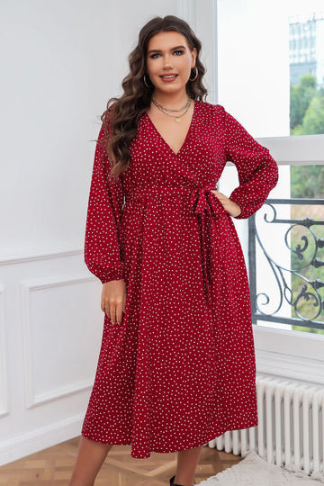 Woochic robe grande taille col en V imprimé à pois fendue rouge 1XL